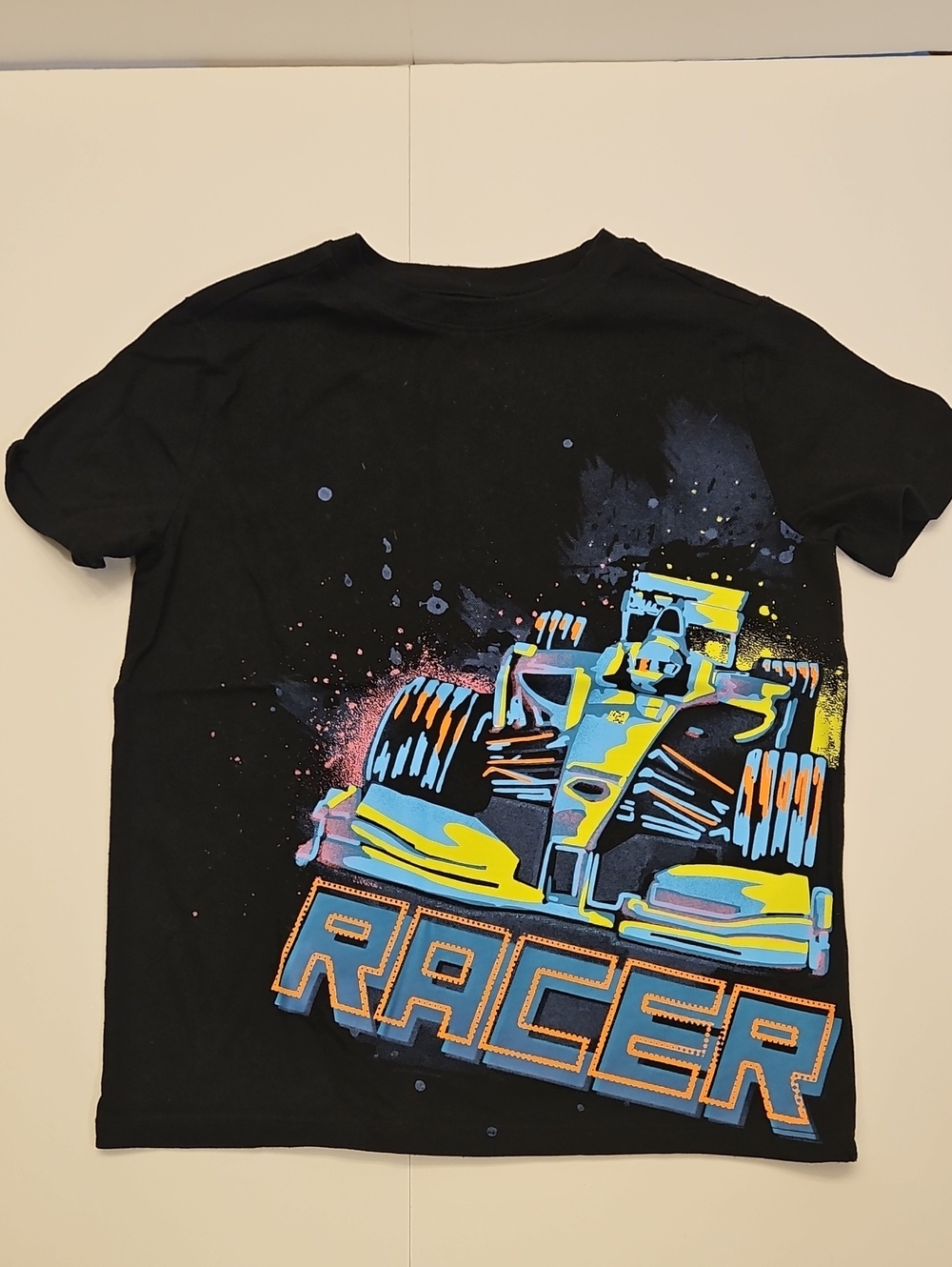 Cat & Jack Racer Graphic Tee Neon Race Car Design Medium (8) Kids LIKE NEW